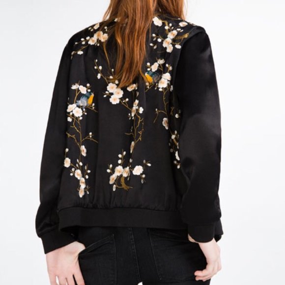 Zara Satin Embroidered Floral Bomber Jacket S EUC - Picture 2 of 12